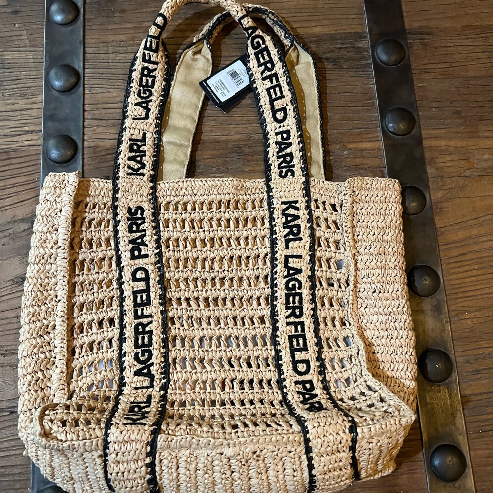 Karl Lagerfeld Beige Woven Tote with Black Accents